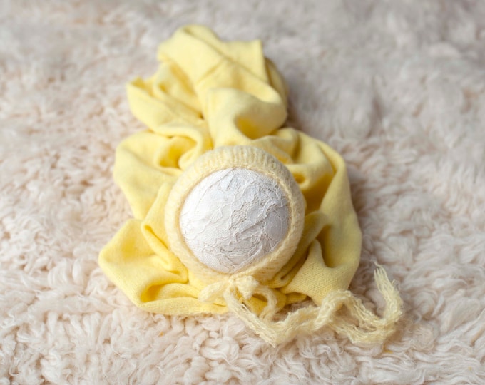 Yellow Mohair Bonnet and Stretch Sweater Wrap Set for Newborn Photography Photo Prop