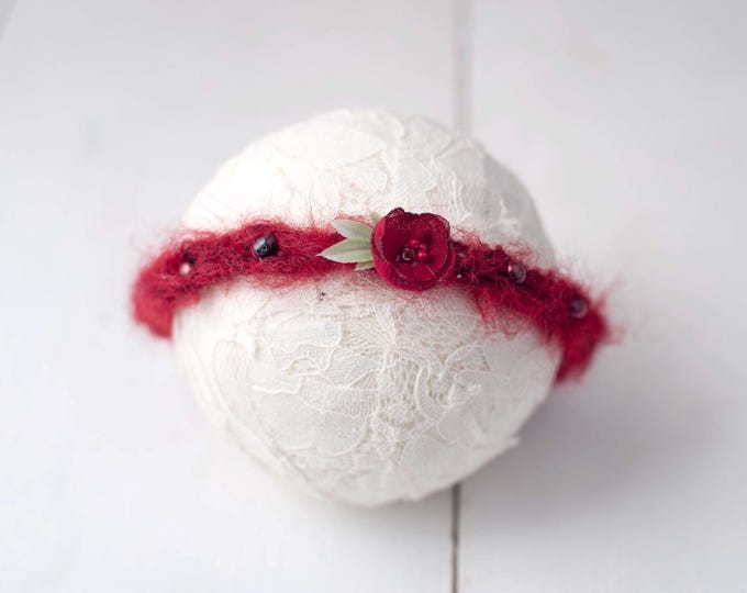 Red Beaded Petal Braided Headband For Baby and Newborn Photography Photo Prop