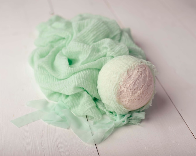 Mint Green Newborn Dainty Crepe Layer Wrap And Bonnet Hat Set Newborn Photo Prop For Newborn Photography