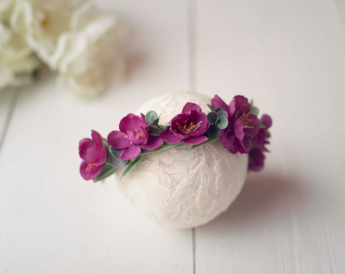 Deep Fuchsia Purple Floral Halo Crown Tieback For Newborn and Sitter Baby Photography Photo Prop Headband