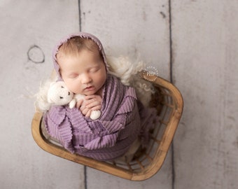 Lavender Purple Newborn Waffle Texture Knit Stretch Fringe Wrap And Bonnet Hat Set, Newborn Photo Props, Lavender Newborn Photo Prop