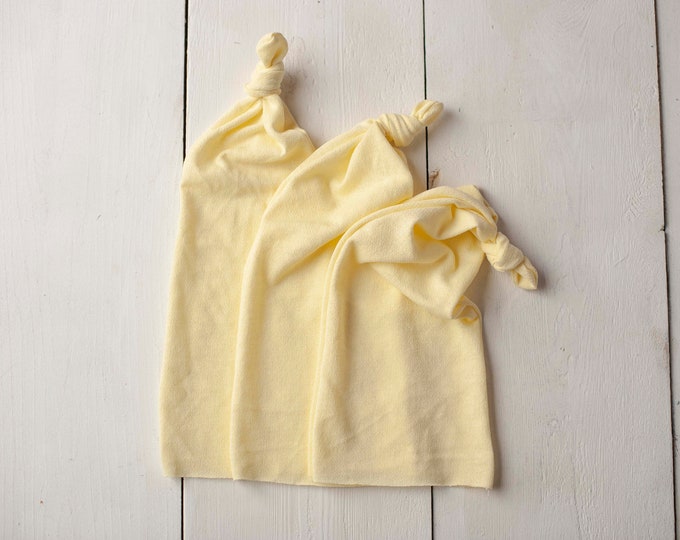 Light Yellow Newborn Stretch Knit Unhemmed Raw Edge Knotted Sleepy Cap for Newborn Photography Photo Prop