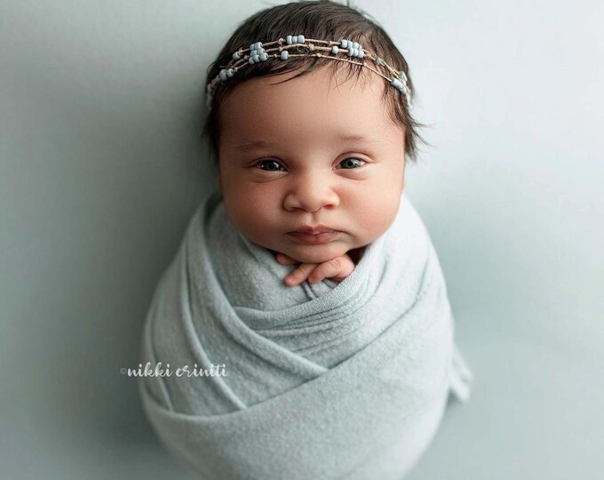 Baby Blue Beaded Rustic Jute Newborn or Sitter Tieback Headband Photo Props For Newborn Photography Photo Prop