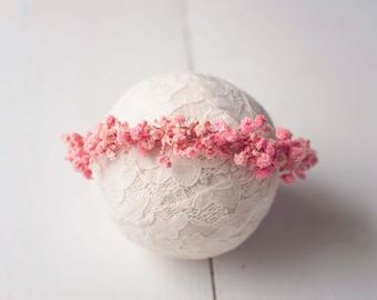 Pink Floral Halo Crown Tieback For Newborn and Sitter Baby Photography Photo Prop Headband