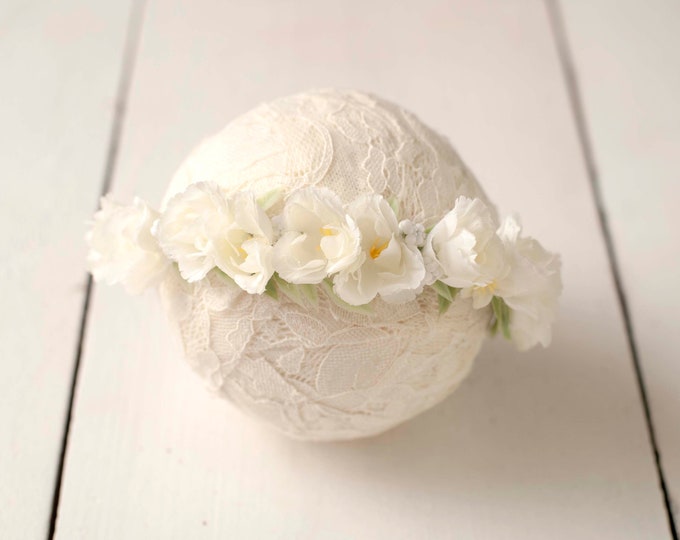 Ivory White Floral Halo Crown Tieback For Newborn and Sitter Baby Photography Photo Prop Headband