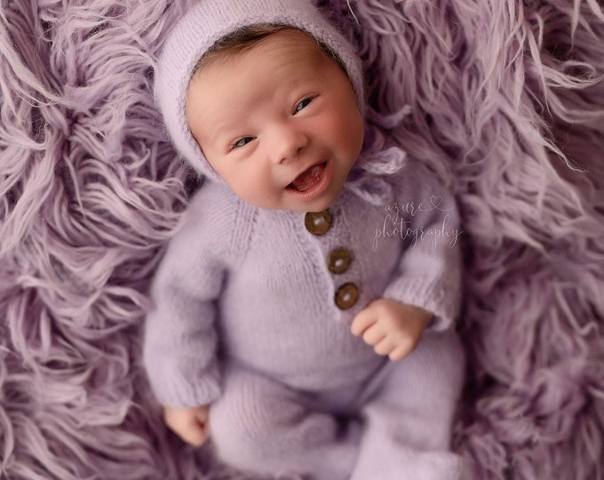 Lilac Purple Sidney Sleeper Fuzzy Knitted Footed  Newborn Romper for Newborn Photography, Lilac Soft Knit Romper and Bonnet Newborn Out Set