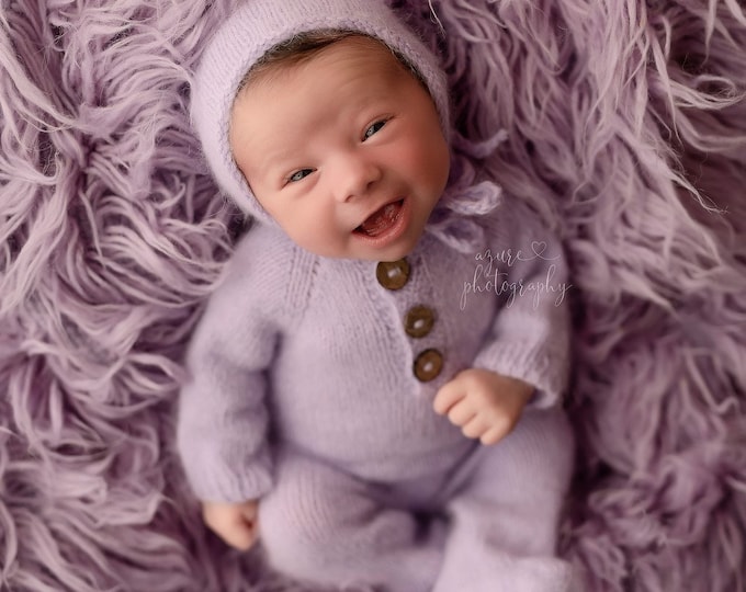 Lilac Purple Sidney Sleeper Fuzzy Knitted Footed  Newborn Romper for Newborn Photography, Lilac Soft Knit Romper and Bonnet Newborn Out Set