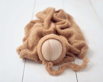 Caramel Latte Soft Sweater Knit Bonnet and Sweater Wrap Newborn Photography Set for Newborn Photography