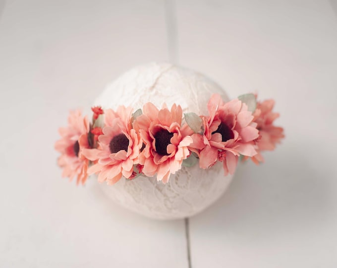 Fall Red Pink Floral Halo Crown Tieback For Newborn and Sitter Baby Photography Photo Prop Headband