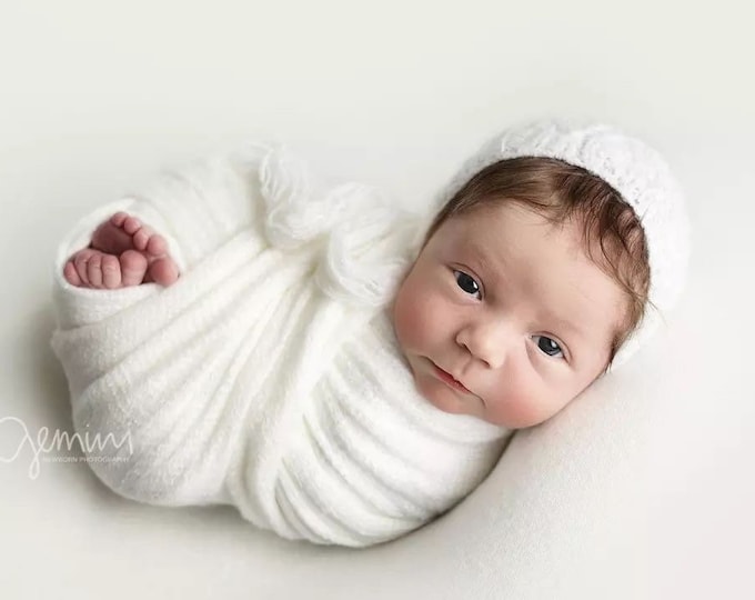 Ivory Off White Sweater Knit Bonnet and Stretch Sweater Wrap Newborn Photography Set