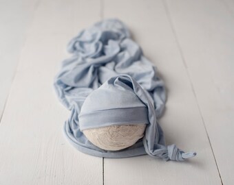 Light Baby Blue Stretch Jersey Newborn Hemmed Knotted Sleepy Cap and Matching Wrap For Newborn Photography Photo Prop