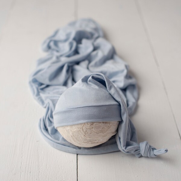 Light Baby Blue Stretch Jersey Newborn Hemmed Knotted Sleepy Cap and Matching Wrap For Newborn Photography Photo Prop