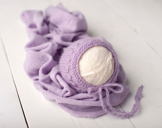 Lilac Purple Sweater Knit Bonnet and Stretch Sweater Wrap Newborn Photography Set