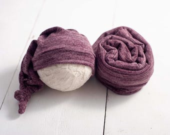 Variegated Purple Newborn Stretch Knit Knotted Sleepy Cap and Wrap for Newborn Photography Photo Prop, Canada Prop Seller