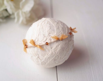 Mustard Yellow Beaded and Chiffon Twine Dainty Headband for Newborn Photography Photo Prop