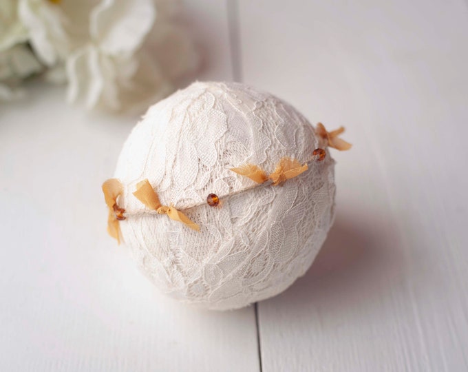Mustard Yellow Beaded and Chiffon Twine Dainty Headband for Newborn Photography Photo Prop