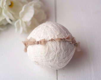 Tan Brown Beaded and Chiffon Twine Dainty Headband for Newborn Photography Photo Prop