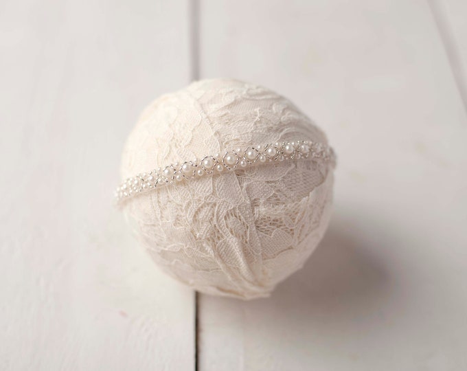 Dainty Ivory White Beaded Pearl Headband For Newborn, Sitter Baby, Baptism, Photography Photo Prop