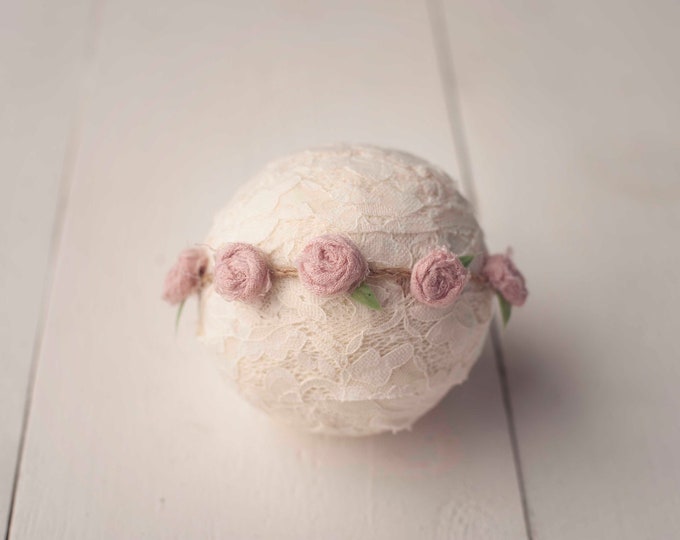 Crepe Pink Rosebud Tieback Headband for Newborn Photography Prop