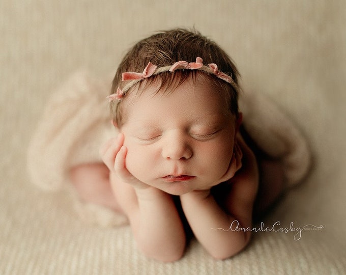 Pink Ties Velvet Dainty Rustic Newborn Tieback/ Pink Rustic Tieback/ Newborn Photography Prop/ Pink Velvet Tieback/ Sitter Dainty Headband