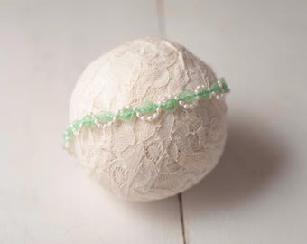 Mint Green Beaded Pearl Newborn Tieback Headband - Photo Prop