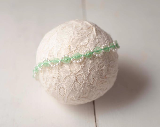 Mint Green Beaded Pearl Headband Pearl Beaded Baby and Newborn Tieback for Newborn Photography Photo Prop