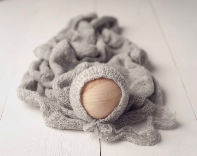 Grey Knit Soft Sweater Knit Bonnet and Sweater Wrap Newborn Photography Set for Newborn Photography