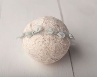 Soft Blue Gray Bow and Yarn Tieback For Newborn Photography Photo Prop
