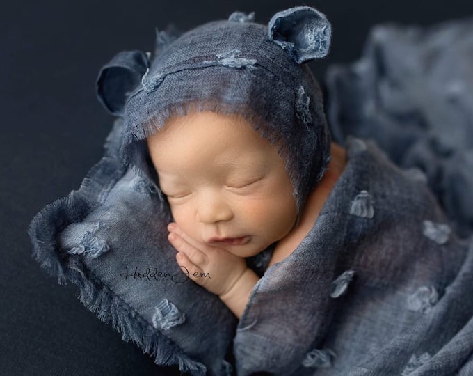 Country Blue Coordinating Set With Wrap, Pillow, Ear Hat, and Rabbit Fur, Blue Newborn Photography Coordinating Prop Set