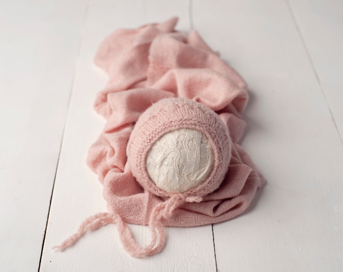 Crepe Pink Sweater Knit Bonnet and Stretch Sweater Wrap Newborn Photography Set