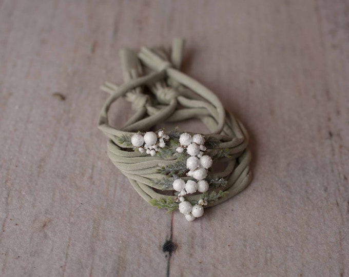 Sage Green Winter White Berry Christmas Festive Holiday Newborn Jersey Stretch Tieback Headband Photo Prop