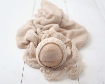 Natural Cream Soft Sweater Knit Bonnet and Sweater Wrap Newborn Photography Set for Newborn Photography