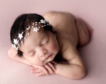 White Neutral Lucky Star Tieback Headband Pearl Beaded Baby and Newborn Tieback for Newborn Photography Photo Prop