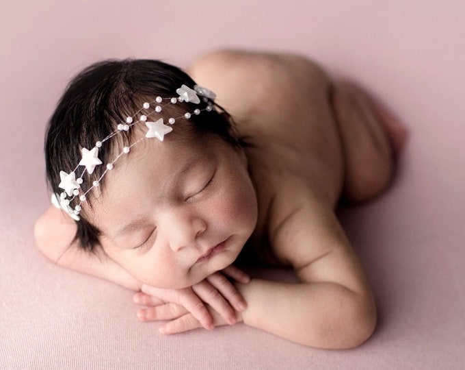 White Neutral Lucky Star Tieback Headband Pearl Beaded Baby and Newborn Tieback for Newborn Photography Photo Prop