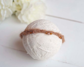 Tan Brown Beaded Mohair Dainty Headband for Newborn Photography Photo Prop