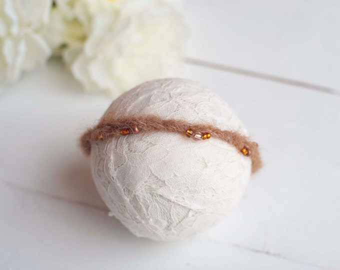 Tan Brown Beaded Mohair Dainty Headband for Newborn Photography Photo Prop