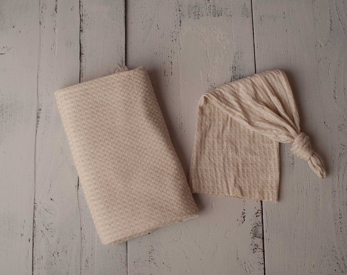 Tan Newborn Waffle Knit Stretch Wrap And Unhemmed Raw Edge Hat Set/ Tan Newborn Texture Stretch Knit Wrap/ Tan Newborn Photo Props