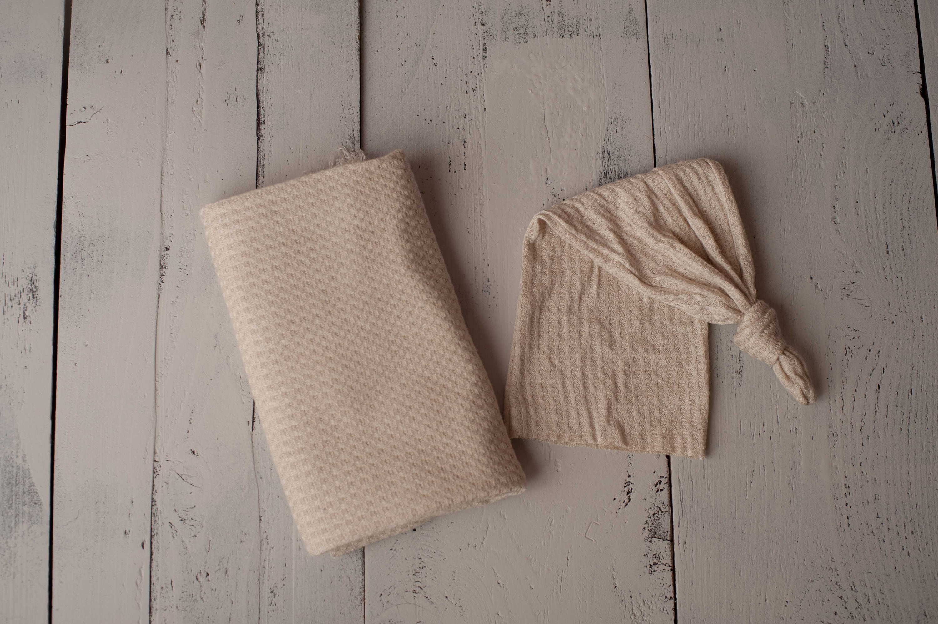 Tan Newborn Waffle Knit Stretch Wrap And Unhemmed Raw Edge Hat Set/ Tan