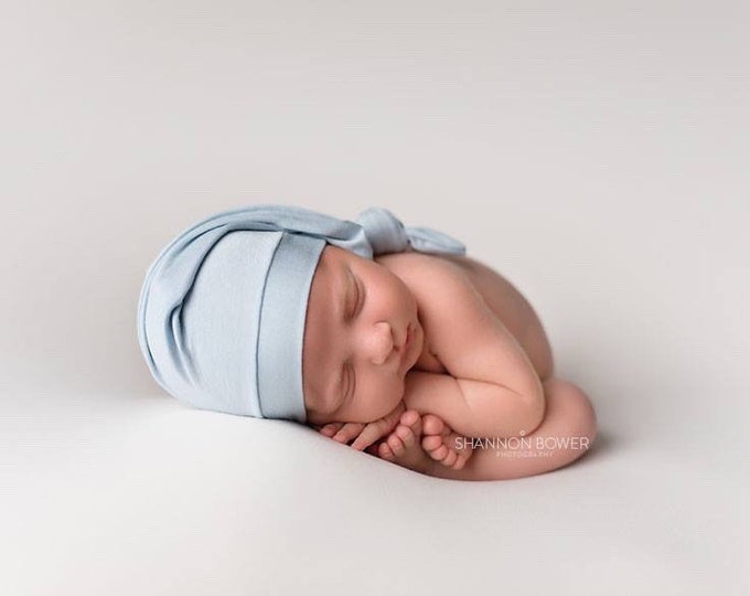 Light Baby Blue Stretch Jersey Newborn Hemmed Knotted Sleepy Cap For Newborn Photography Photo Prop