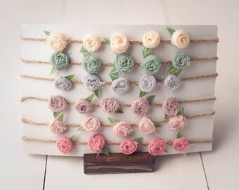 Cream, Gray, Crepe, Peony, Sage & Mauve Rosebud Tieback Headband for Newborn Photography Prop