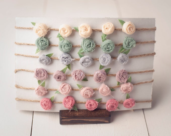 Cream, Gray, Crepe, Peony, Sage & Mauve Rosebud Tieback Headband for Newborn Photography Prop