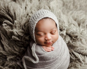 Gray Mohair Bonnet and Stretch Sweater Wrap Set for Newborn Photography Photo Prop