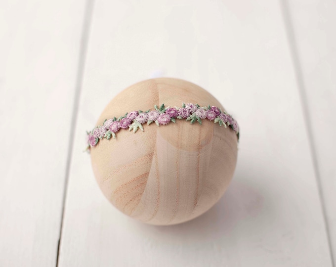 Dainty Pink Lilac Floral Embroidered Tieback Headband For Newborn Photography Photo Prop