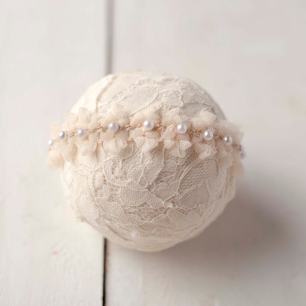 Cream Pearl Ruffled Tulle Headband For Newborn, Sitter, Baptism Photography Photo Prop