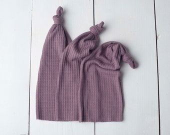 Purple Mauve Newborn Stretch Waffle Knit Unhemmed Raw Edge Knotted Sleepy Cap for Newborn Photography Photo Prop