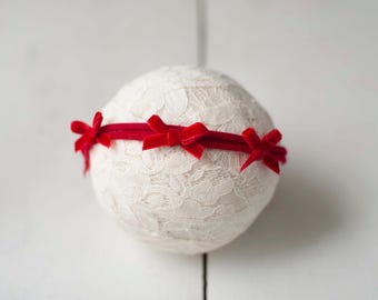 Red Dainty Velvet Bows Christmas Holiday Newborn Jersey Stretch Tieback Headband Photo Prop