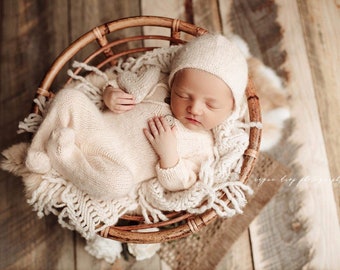 Champagne Sidney Sleeper Fuzzy Knitted Footed  Newborn Romper for Newborn Photography, champagne cream Soft Knit Romper and Bonnet Newborn