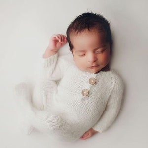 Ivory Off White Sidney Sleeper Fuzzy Knit Footed Newborn Romper and Matching Bonnet for Newborn Photography