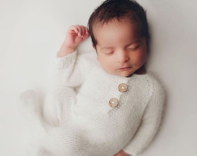Ivory Off White Sidney Sleeper Fuzzy Knit Footed Newborn Romper and Matching Bonnet for Newborn Photography