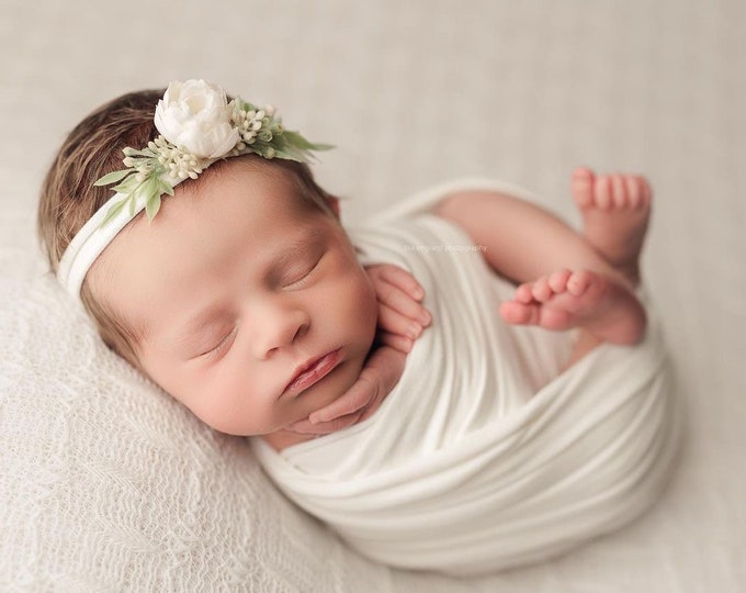 Ivory and Greenery Tieback For Newborn and Sitter Baby Photography Photo Prop Headband